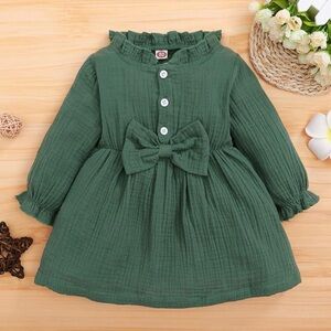 Cute Green Dress Toddler Girls Ruffle Bow Long Sleeve 4-5T